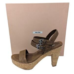 Miu Miu Brown Cork Platform Sandals Double Buckle Heels Size 41